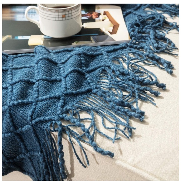 Navy Blue Diamond Bohemian Home Tassel Knit Throw Cozy Fringe Patterned Blanket - Picture 3 of 16